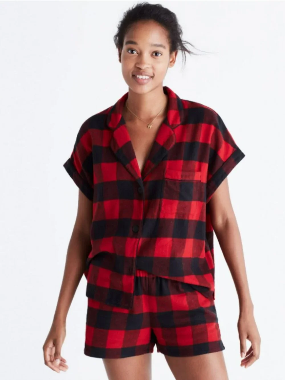 Madewell Cozy Buffalo Check Flannel Bedtime Pajama Top/Bottom Set in Red/Black
